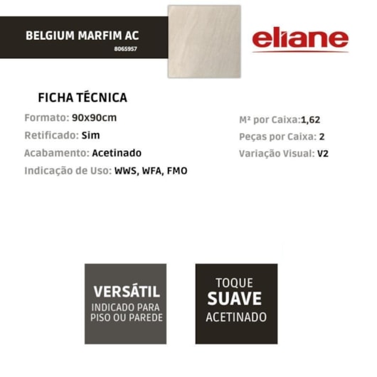 Porcelanato Eliane Belgium Marfim Acetinado 90x90cm Retificado - Imagem principal - 9305e427-6f87-421f-8d88-5c6a3a9d4956