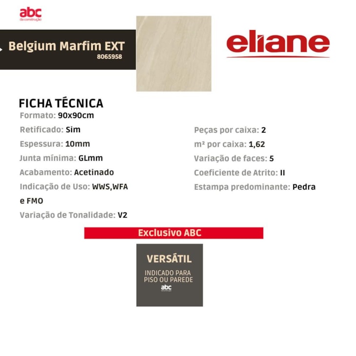 Porcelanato Eliane Belgium Marfim Externo 90x90cm Retificado