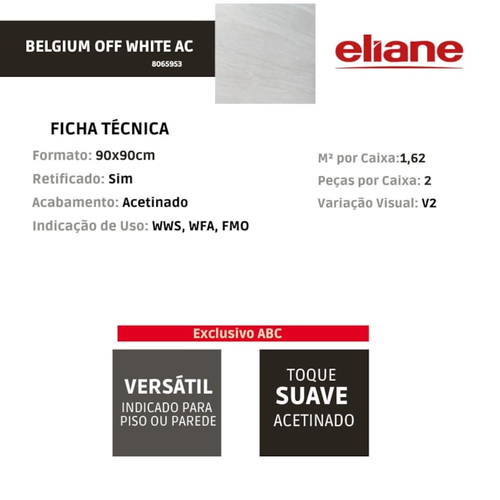 Porcelanato Eliane Belgium Off White Acetinado 90x90cm Retificado