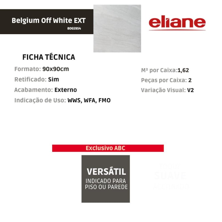 Porcelanato Eliane Belgium Off White Externo 90x90cm Retificado