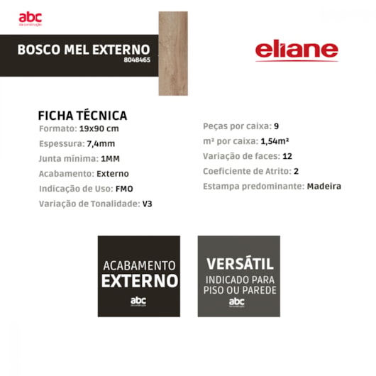 Porcelanato Eliane Bosco Mel Externo 19x90cm Retificado - Imagem principal - 6cb26ec3-b3e4-4776-9cc7-7847a8c33511