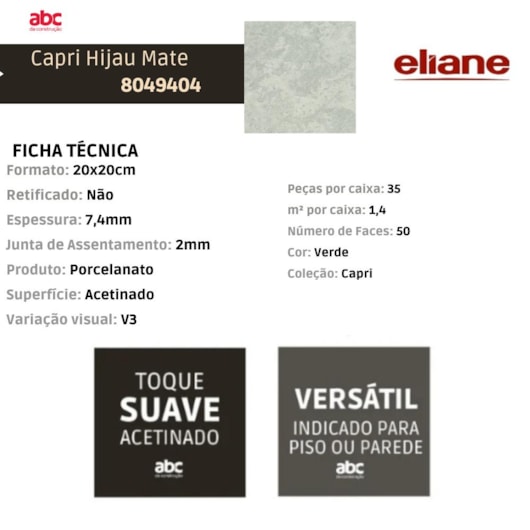 Porcelanato Eliane Capri Hijau Mate 20x20cm Bold - Imagem principal - d175ae24-e9ff-4fab-9fe0-c46219e66b5b