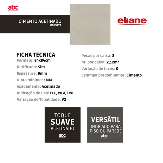 Porcelanato Eliane Cimento Acetinado 84x84cm Retificado - Imagem principal - 9c615f86-142d-48f7-a60c-d18bafbb46c3