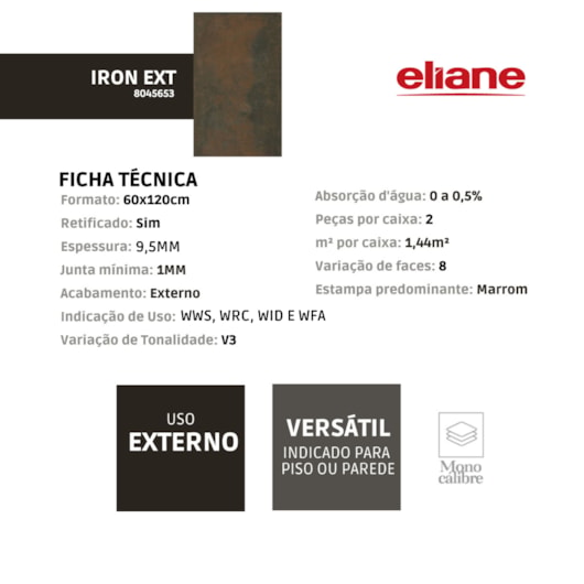 Porcelanato Eliane Iron Externo 60x120cm Retificado - Imagem principal - ae26065f-d8d1-44dc-a697-3e1bfa854d36