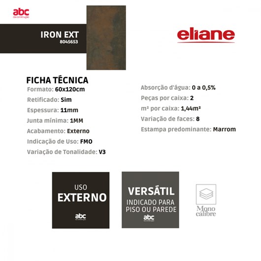 Porcelanato Eliane Iron Metálico Externo 60x120cm Retificado  - Imagem principal - b9c405b5-a3a6-493a-8694-ffd772f861e3