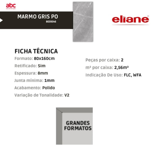Porcelanato Eliane Marmo Gris Polido Cinza 80x160cm Retificado - Imagem principal - 99f22036-7353-49aa-a643-6143339e95ef