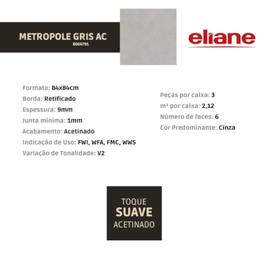 Porcelanato Eliane Metropole Gris Acetinado 84x84cm Retificado - Imagem principal - 96285f42-712f-4a6f-af5a-b6fc7850ef96