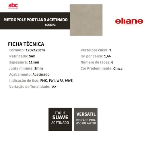 Porcelanato Eliane Metropole Portland Acetinado 120x120cm Retificado - Imagem principal - 5b323f81-17ee-468b-9180-75403212e5d4