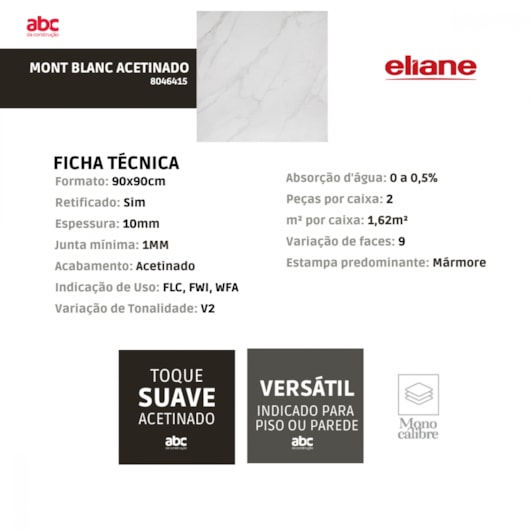 Porcelanato Eliane Mont Blanc Acetinado 90x90cm Branco Retificado - Imagem principal - 515a7db8-b07a-44cc-bfdd-a62da432ad63