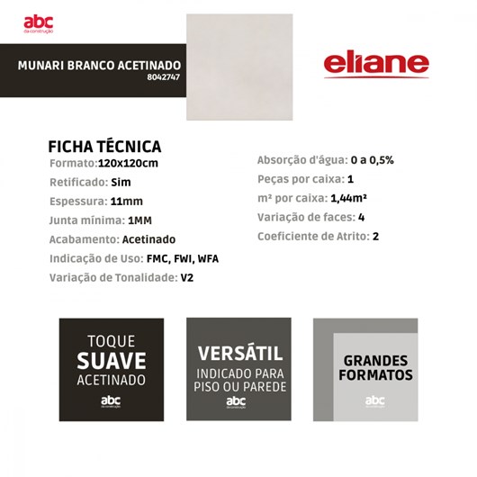Porcelanato Eliane Munari Branco Acetinado 120x120cm Retificado  - Imagem principal - af4ffd09-c486-4eb2-9d60-6d7dd085f1e6