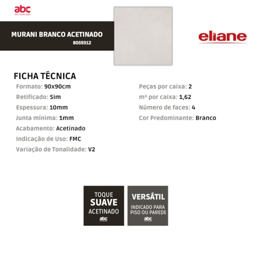 Porcelanato Eliane Munari Branco Acetinado 90x90cm Retificado - Imagem principal - ad7aa2ae-c17e-4c9c-ab0e-ffc2ea55aaa6