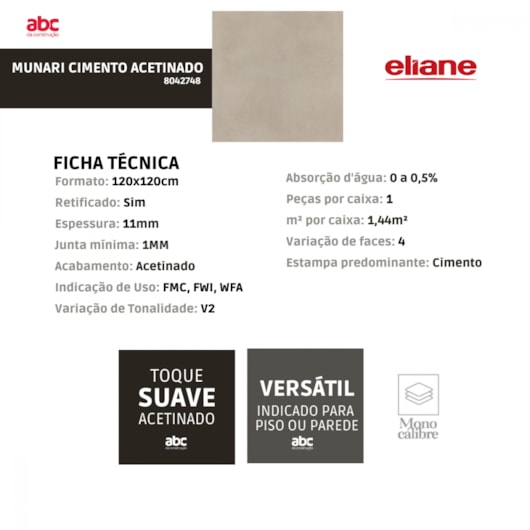 Porcelanato Eliane Munari Cimento Acetinado 120x120cm Retificado - Imagem principal - 59461ccc-0030-4ede-83df-f04e24aa443a
