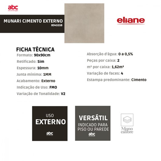 Porcelanato Eliane Munari Cimento Externo 90x90cm Cinza Retificado  - Imagem principal - 79b6af91-3505-4caf-882b-8ccd13f3cdb1