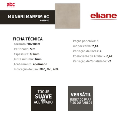 Porcelanato Eliane Munari Marfim Acetinado 90x90cm Retificado - Imagem principal - b66b56c3-21d5-4fd9-87fd-5a7e6e3703ad