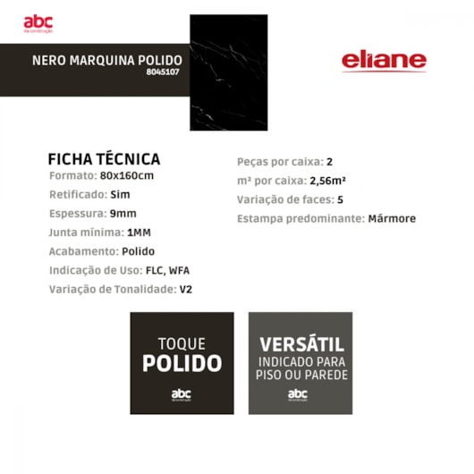 Porcelanato Eliane Nero Marquina Polido 80x160cm Retificado  - Imagem principal - f596149c-e3aa-48af-9d83-5d4265b6ff2c