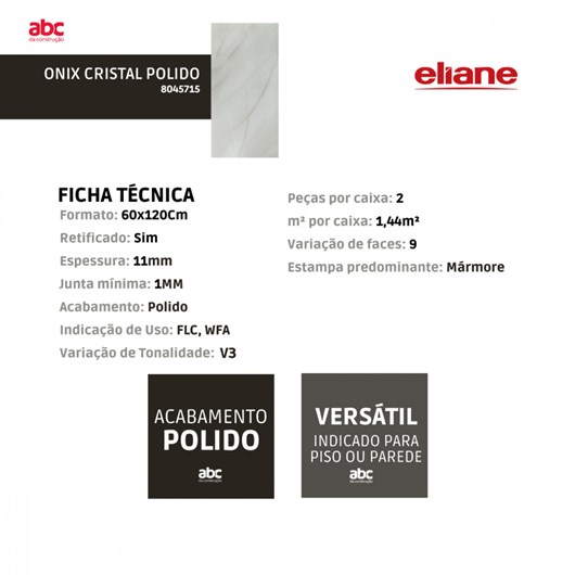Porcelanato Eliane Onix Cristal Polido 60x120cm Retificado - Imagem principal - 02209cc5-3a71-45ea-a83e-3719b2d8e15f