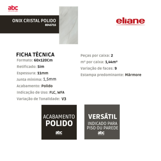 Porcelanato Eliane Onix Cristal Polido 60x120cm Retificado - Imagem principal - fa482983-d1dd-471b-8efe-0d4da9b9bc4c