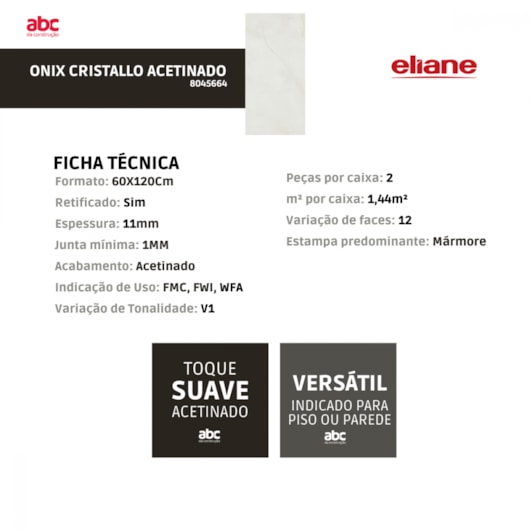 Porcelanato Eliane Onix Cristallo Acetinado 60x120cm Retificado - Imagem principal - 5fe0ba94-07b1-4692-b1f6-fdedde3c9e23