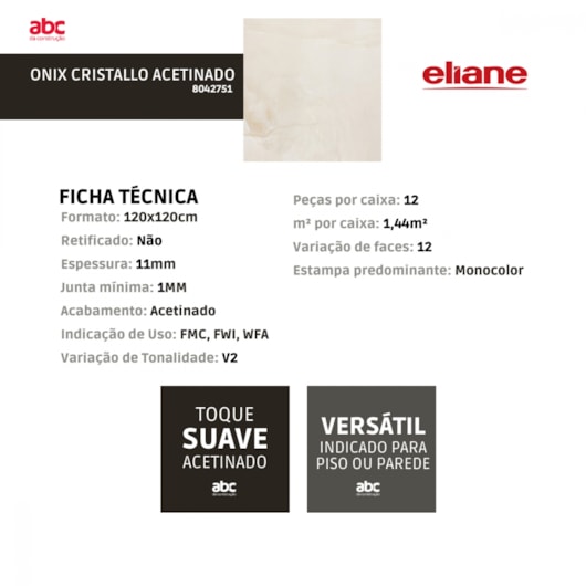 Porcelanato Eliane Onix Cristallo Acetinado Mármore 120x120cm Retificado  - Imagem principal - 2f70db43-093a-49f6-a5b5-5d82c6eacf82