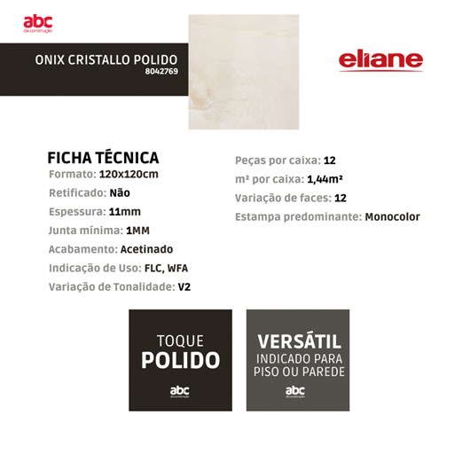 Porcelanato Eliane Onix Cristallo Polido 120x120cm Mármore Retificado  - Imagem principal - c3255300-d774-47f5-8789-0f50f43d1694