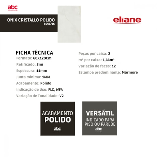 Porcelanato Eliane Onix Cristallo Polido 60x120cm Retificado - Imagem principal - c74203a0-9153-44c9-9d41-e803c6bd3697