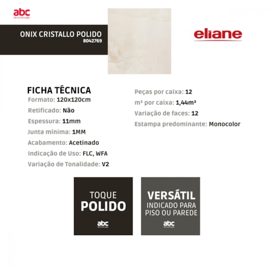 Porcelanato Eliane Onix Cristallo Polido Mármore 120x120cm Retificado  - Imagem principal - 80472311-f24b-43e2-bef3-521c701fb1f2