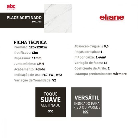 Porcelanato Eliane Place Acetinado 120x120cm Branco Retificado  - Imagem principal - 77a74107-0369-4868-a379-4d5f1da0df42