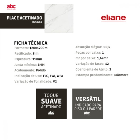 Porcelanato Eliane Place Acetinado Branco 120x120cm Retificado  - Imagem principal - a5f1c19a-ffec-428e-89e5-812c698b068f