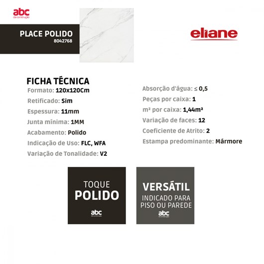 Porcelanato Eliane Place Polido 120x120cm Branco Retificado  - Imagem principal - 403151d1-2b04-40a3-8e5c-3ffbca5a2125