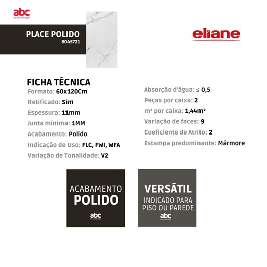 Porcelanato Eliane Place Polido 60x120Cm Mámore Retificado  - Imagem principal - 0def1125-2680-4149-a888-192454ce9bc3