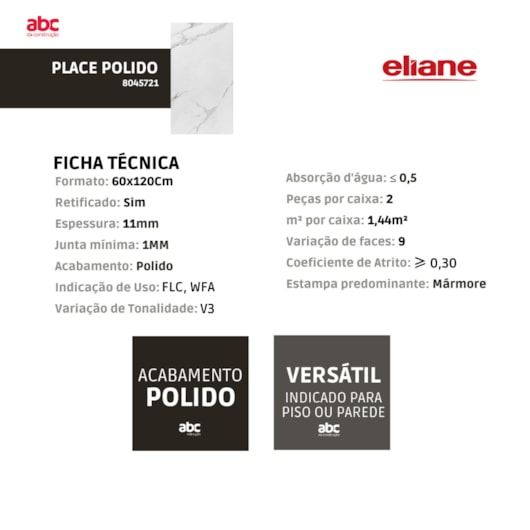 Porcelanato Eliane Place Polido Mármore 60x120cm Retificado  - Imagem principal - 09fc3845-163c-4666-ac5f-ea220cd71ac0