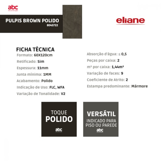 Porcelanato Eliane Pulpis Brown Polido 60x120cm Retificado - Imagem principal - e9de94d1-8acd-42d4-a92e-8f47dfce5e2e