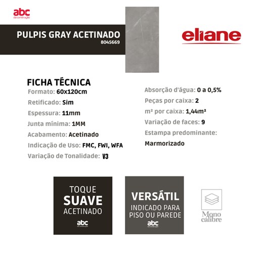 Porcelanato Eliane Pulpis Gray Acetinado Cinza 60x120cm Retificado  - Imagem principal - 434268cc-eefc-4ddf-8e9e-0120a3d1b28c
