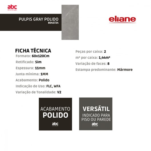 Porcelanato Eliane Pulpis Gray Polido 60x120Cm Cinza Retificado  - Imagem principal - 4c10d35c-4de1-42d6-ba6d-c622781c04e9