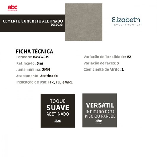 Porcelanato Elizabeth Cemento Concreto Acetinado 84x84cm Cinza Retificado  - Imagem principal - 6d8ce8bc-661f-4648-9329-49e2b9455c7a