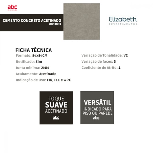 Porcelanato Elizabeth Cemento Concreto Acetinado 84x84cm Cinza Retificado  - Imagem principal - b0a751ba-11d4-4787-af59-6c50da0dd13c