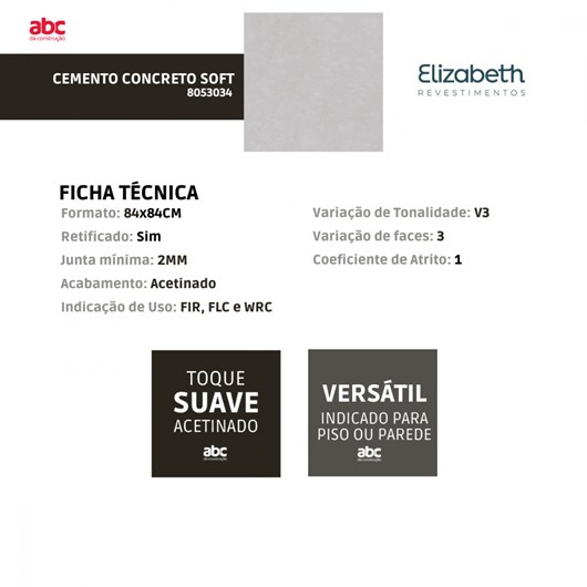 Porcelanato Elizabeth Cemento Concreto Soft Acetinado 84x84Cm Cinza Retificado  - Imagem principal - 3e529bf0-93d1-45c1-ba99-cec2b8962246