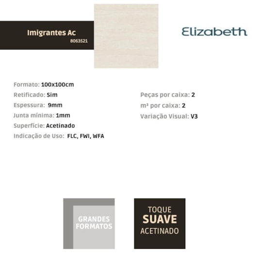 Porcelanato Elizabeth Imigrantes Acetinado 100x100cm Retificado - Imagem principal - 9f2b76d1-c914-41bf-9802-d3ef2ab09715