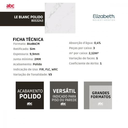 Porcelanato Elizabeth Le Blanc Polido 84x84cm Retificado - Imagem principal - 4597f13b-b446-483b-afa0-9f06330be44a