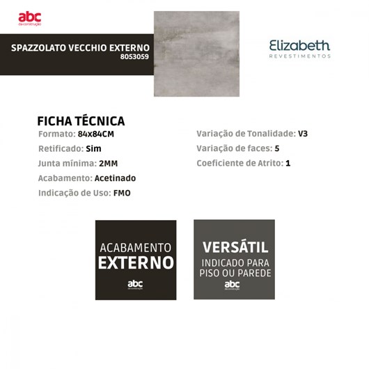 Porcelanato Elizabeth Spazzolato Vecchio Externo 84x84cm Cinza Retificado  - Imagem principal - b576ac58-e00b-497b-9047-f45bec0850e5