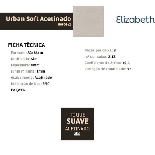 Porcelanato Elizabeth Urban Soft Acetinado 84x84cm Cinza Retificado - Imagem principal - 258f4c30-266f-40ad-9b48-9be668740eb7