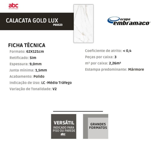 Porcelanato Embramaco Calacata Gold Lux Polido 62x121Cm Retificado - Imagem principal - 2507343e-71b9-456e-be20-7ee836254601