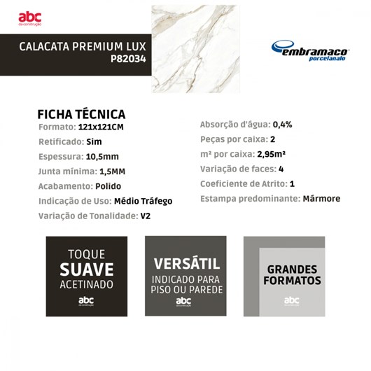 Porcelanato Embramaco Calacata Premium Lux Plus Polido 82x82cm Mármore Retificado  - Imagem principal - 4c5687dc-a257-46f2-8ab7-21d26b34907b