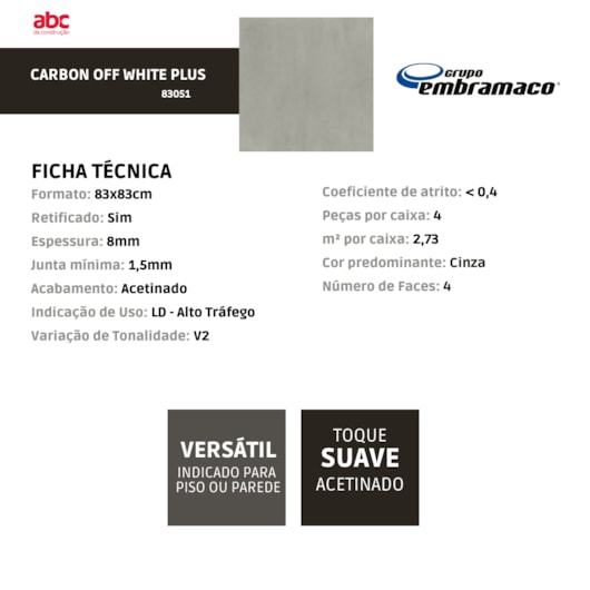 Porcelanato Embramaco Carbon Off White Plus 83051 Acetinado 83x83cm Retificado  - Imagem principal - 28227ace-5f76-450e-891f-79a3877d4b49