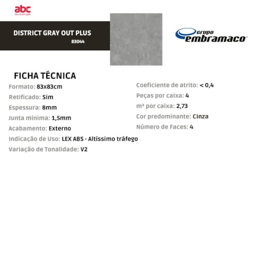 Porcelanato Embramaco District Gray Out Plus Externo 83x83cm Retificado - Imagem principal - ac9e96be-5212-4a8f-b655-45df311a3406