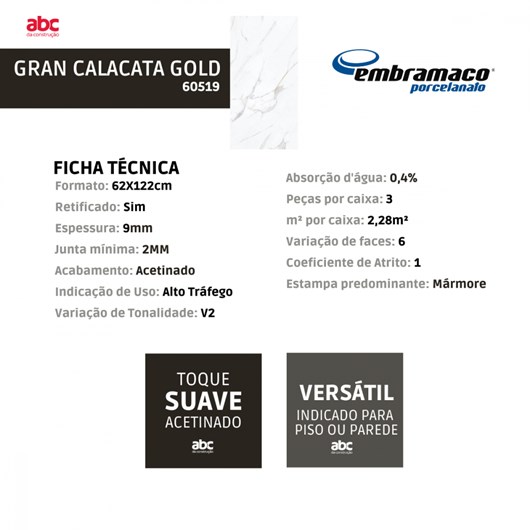 Porcelanato Embramaco Gran Calacata Gold Acetinado 62x122cm Mármore Retificado  - Imagem principal - 212a674e-c4f0-4d26-ae6f-90b6bbabdf98