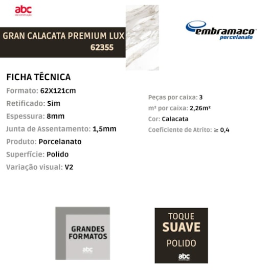 Porcelanato Embramaco Gran Calacata Premium Lux Polido 62x121cm Retificado - Imagem principal - 400443d4-c7ee-4f2c-8b2c-9f3591feae4c
