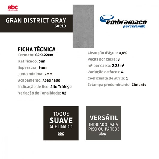 Porcelanato Embramaco Gran District Gray Acetinado 62x122cm Retificado  - Imagem principal - 3214e208-2270-4272-9908-84864063638d
