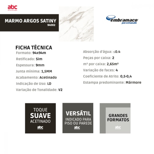 Porcelanato Embramaco Marmo Argos Satiny 94002 94x94cm Retificado - Imagem principal - a111f9af-5189-44ab-b5b8-7e5e765806db