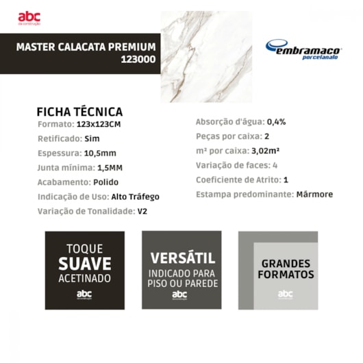 Porcelanato Embramaco Master Calacata Premium 123000 123x123cm Retificado - Imagem principal - dc5013f4-4656-4c3b-adae-df430f5ecb4e